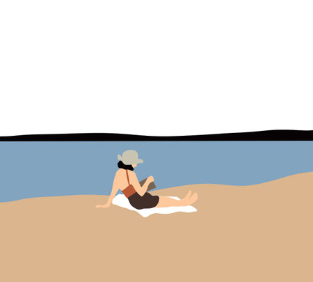 Woman wearing hat sitting on beach and reading book with relaxing and concentration. Summer beach picnic. Concept for vacation, holiday and travel.のイラスト素材