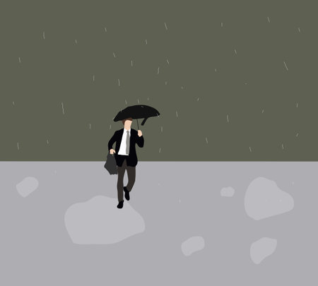 Businessman with umbrella walking in the street on a rainy day. Bad weather. concept.のイラスト素材