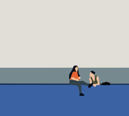 Man and woman talking in sunny day in park near the lake. Enjoying time together. Romantic date conceptのイラスト素材