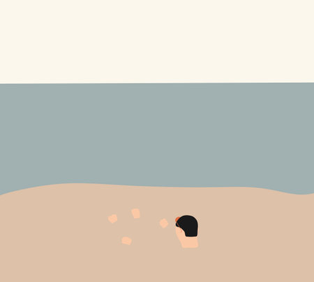 Man buried in sand on the beach. Taking sunbath with body under ground near ocean. Travel summer vacation lifestyle.のイラスト素材