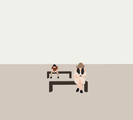 Man and woman with smart phone sitting on chairs in summer city park. Holiday vacation concept.のイラスト素材