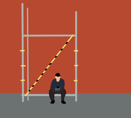 Construction worker with phone takes a break sitting on scaffold in modern city. Engineering man relax after hard working.のイラスト素材