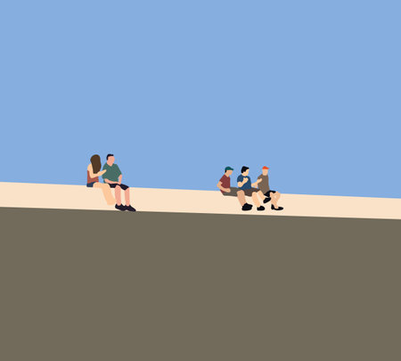 Group of people sitting on the edge of a pier. Friends having fun and enjoying a summer day at the lake.のイラスト素材