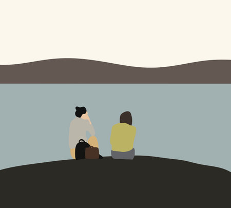 Two young women sitting and talking on rock near lake. Resting outdoors and travel. Lovely lesbian couple on holiday. Gays and lesbians. Rights and equalityのイラスト素材