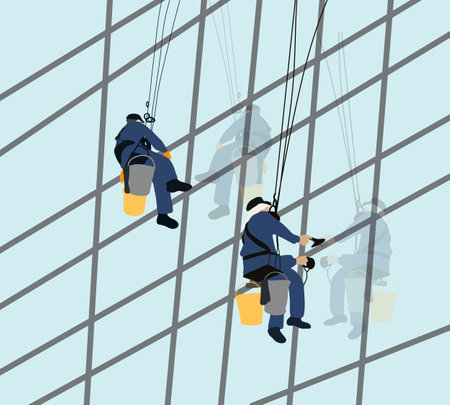 Worker cleaning the windows on the high rise building. Office cleaning service. Washing the glass facade of a modern buildingのイラスト素材