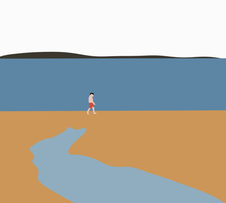 Man walking on the beach in summer. Enjoying freedom and life, people travel wellbeing concept.のイラスト素材