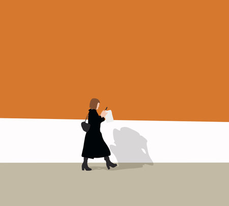 Woman in black cloth text messaging on mobile phone while walking on street city.のイラスト素材