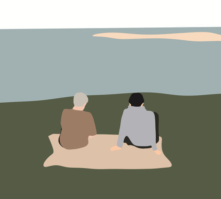 Senior retirement age and son sitting on mountain and looking at landscape view with lake background.のイラスト素材