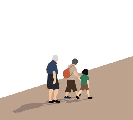 children walk to school with grandparents. Back to School Concept. Granny and grandpa support her...