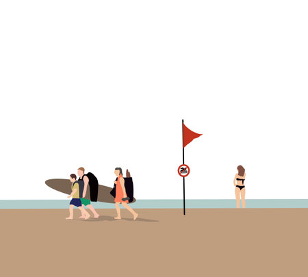 Sign with red flag on the beach is not allowed to swim. People walking with surfboard and standing on the beachのイラスト素材