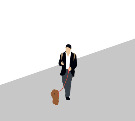 Businessman using mobile phone and walking with his dog on leash in the morning. City urban lifestyle.のイラスト素材