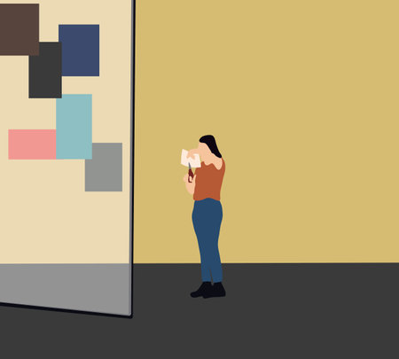 Woman cutting paper and putting up a poster on wall for advertising. Office interior. Modern copy spaceのイラスト素材