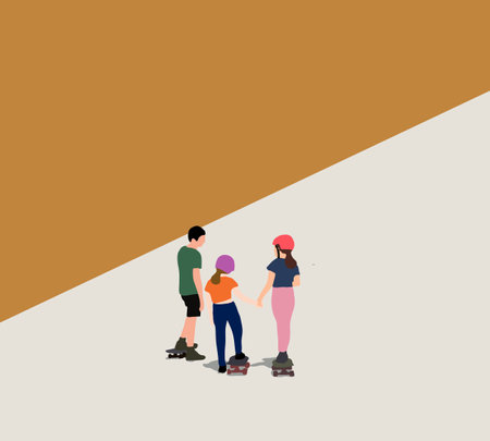 Kid playing skateboard. Healthy sport and outdoor activity. Boy and girl skater in sunny park. Children training.のイラスト素材