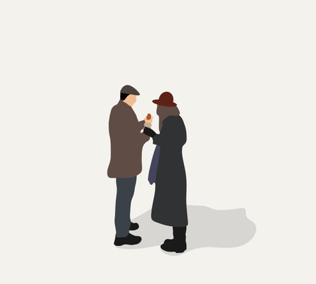 Couple standing outside on the city street drinking coffee talking smiling joyful. Man and woman with coffee drink takeaway.のイラスト素材