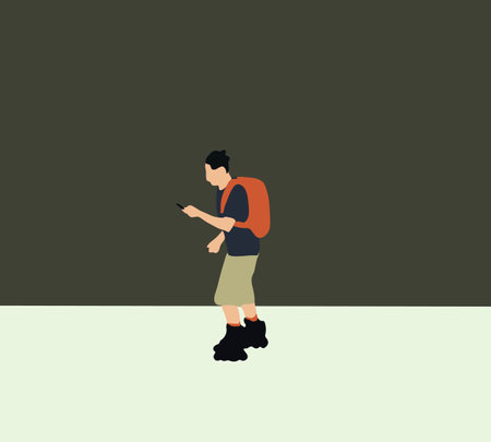 Man with backpack in roller skates holding smartphone skating through the city streets. Promotion, discounts, sale and online orders conceptのイラスト素材