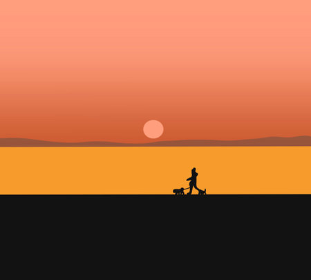 Woman and dog running free on beach on golden sunset. Running and playing along the water's edge. Beautiful orange colorのイラスト素材