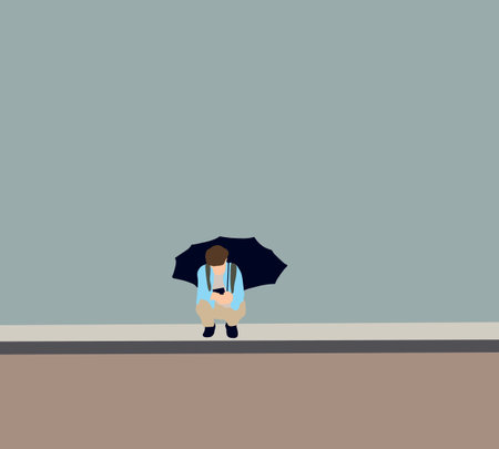Man with phone sit on street under umbrella in park. Enjoys rainy weather. Suffering from Mental Disorderのイラスト素材