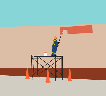 Man using rolling and hand brush to paint street wall. House construction or apartment renovation service.のイラスト素材