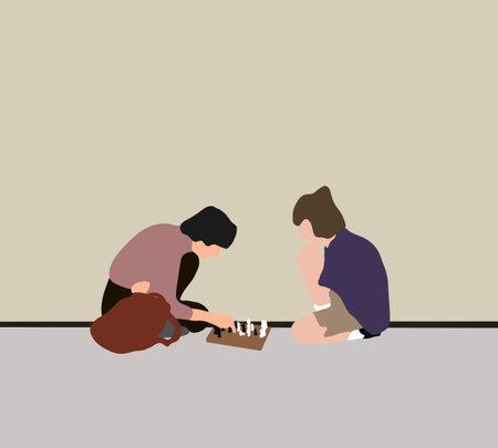 Two boy playing chess on street. Children playing intelligent game. Childhood and board games, brain development and logicのイラスト素材