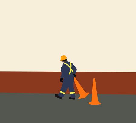 Worker with uniform and safety equipment move traffic cone for road construction. Street resurfacing. Fresh asphalt construction. Bad roadのイラスト素材