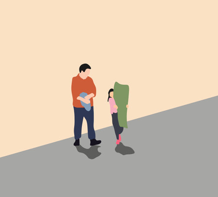 Father and daughter with trash bags walking on street. Daily routine, family takes out the rubbish, doing housework together.のイラスト素材