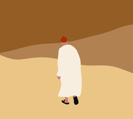 Arab man with traditional emirates clothes walking in massive sand dunes in desert during holiday vacation.のイラスト素材