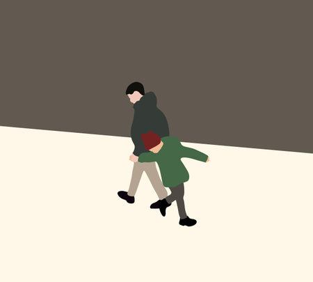 Father and son holding hand walking along city street. Happy family Father's Day. Fashion style look family.のイラスト素材