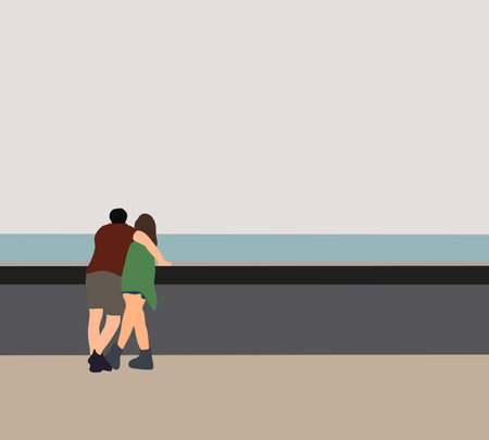 Couple standing and hugging on the shore of the lake and looking into the distance outdoors on a...