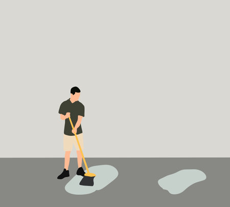 Man cleaning the floor with mop while in cozy apartment Housework and housekeeping conceptのイラスト素材