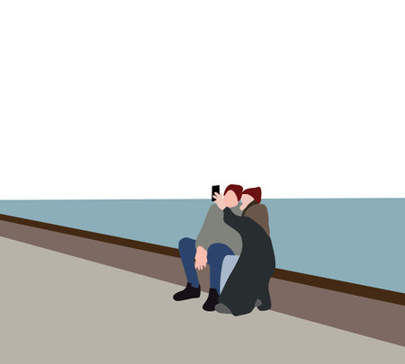 Tourist couple travel selfie near river during holiday vacation. Happy young man and woman taking self portrait with mountain scenery in background.のイラスト素材