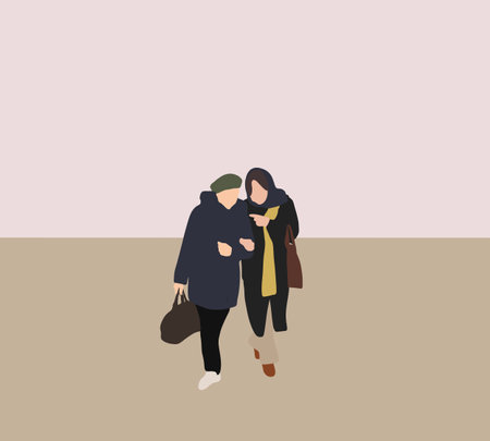 Two adult women walking, talking. Girls friends chatting, shopping with friend outdoor during holiday vacation. Lifestyle concept.のイラスト素材