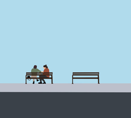 Man and woman sitting on benches in a park and talking. Outdoor lifestyle enjoying couple dating.のイラスト素材