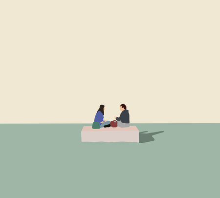 Man and woman sitting on benches in a park and talking. Outdoor lifestyle enjoying couple dating.のイラスト素材