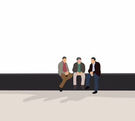 Man friends sitting and talking near river. Spending time with friends. Relaxing and enjoying alternative holidays life experiencesのイラスト素材