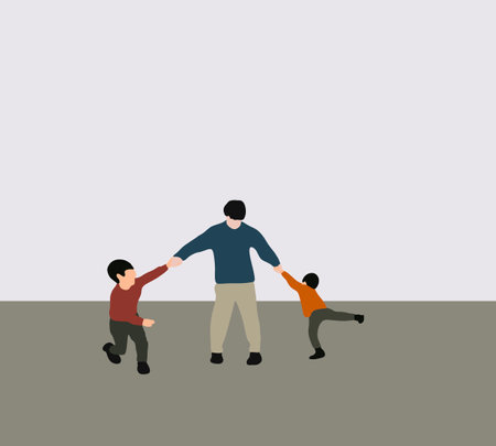 Father with two kid playing together at the public park carefree happy fun smiling lifestyle. Fathers day. Childhood, parenting, happiness conceptのイラスト素材