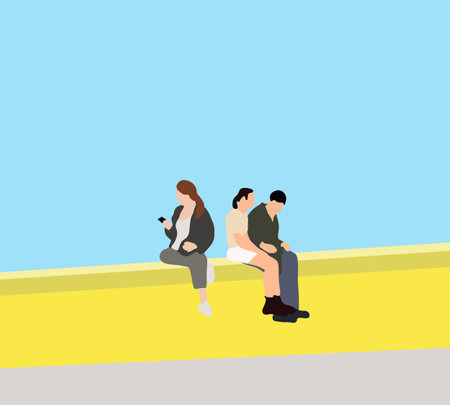 People sit on the edge of bridge using cellphones near river. Young friends enjoying a day at the lake spending great time with together.のイラスト素材