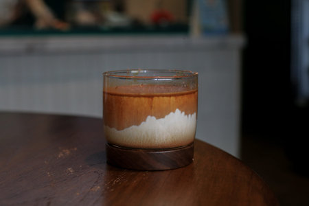 Dirty Coffee on wooden table. Glass of espresso shot mixed with cold fresh milk in coffee shop cafe...