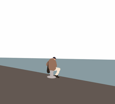 Man sitting alone on pier thinking and concentrate near river. Missing someone concept idea. Empty copy space or areaのイラスト素材