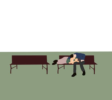 Young man sitting on a bench in a park with his girlfriend lying on his lap during a sunny day in summer. Couple spend time together.のイラスト素材