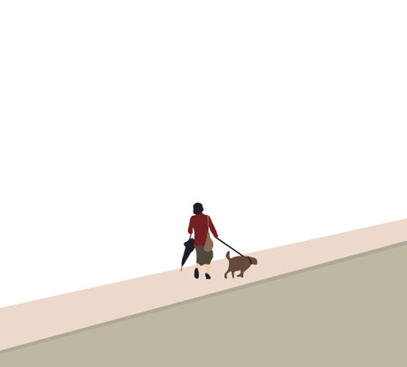 Woman walking with her dog  that pulls on a leash on city street. Pet is the best friend, animals from the shelter.のイラスト素材