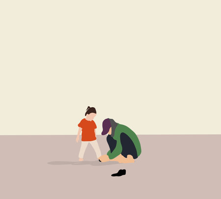 Father putting shoes on his daughter on city street. Care and good relations in happy family with kids concept.のイラスト素材
