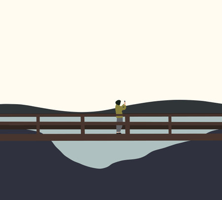 Woman using smartphone take picture while walking on wooden bridge over water. Vacation and technology.. Enjoying viewのイラスト素材