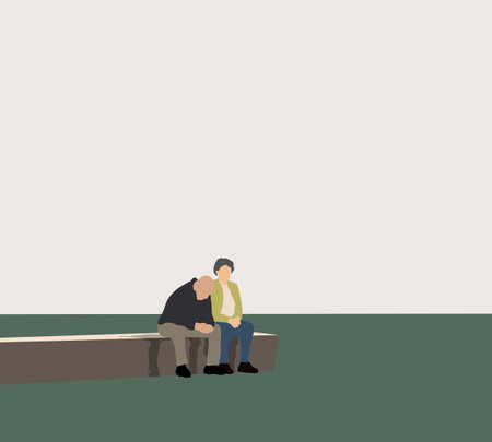 Old man and woman together, leisure on nature, life in retirement. Elderly couple sitting on street in summer park.のイラスト素材