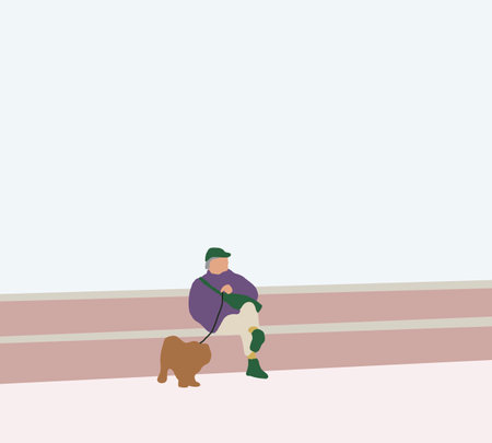 Senior man in fashion style  with dog sitting on public street area. Pet love and care concept. Dog connection to people. Alternative therapyのイラスト素材