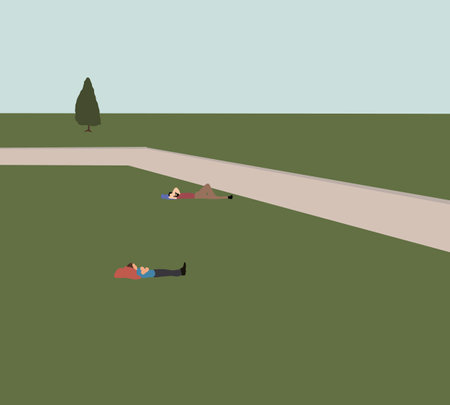 Homeless man sleeping in public park. Drunk Man Pauper Live on Street Outdoors. Two Refugee boy laying down with head on bag sleep.のイラスト素材