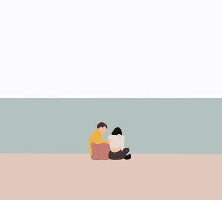 Couple sitting comforts his sad girlfriend having a problem on the riverbank. Concepts of autumn, love, togetherness, relationship.のイラスト素材