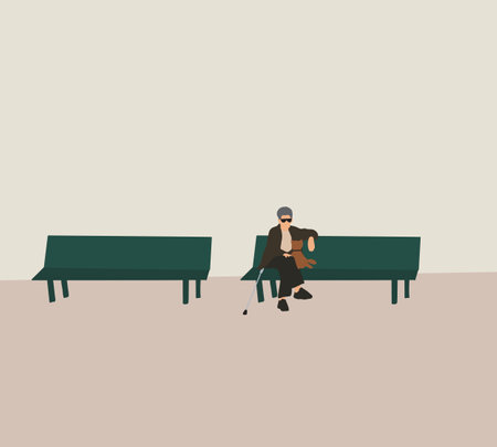 Blind woman and a guide dog sitting on bench in public park. Woman walking with a stick, blindness disability petting guide dog concept.のイラスト素材