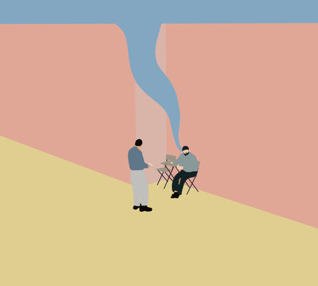 Man with walking converse with busy city pink wall background under blue sky.. Minimalist concept. Free space for your message. Side view. Enter the futureのイラスト素材