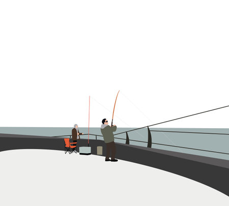 Two man fishing with rod during the morning light on the lake. Leisure and people conceptのイラスト素材