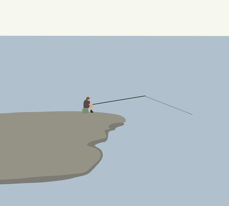 Man fishing with fish rod on lake in the summer on chair. Patience, waiting, relaxation and healthy lifestyle in the nature.のイラスト素材